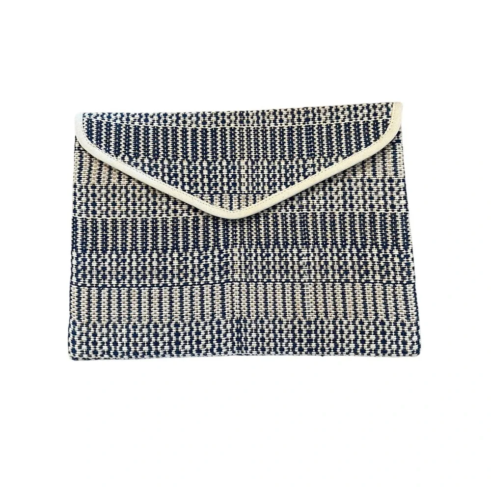 Korissa Woven Clutch, Navy Blue and Cream, Snap Closure, 12